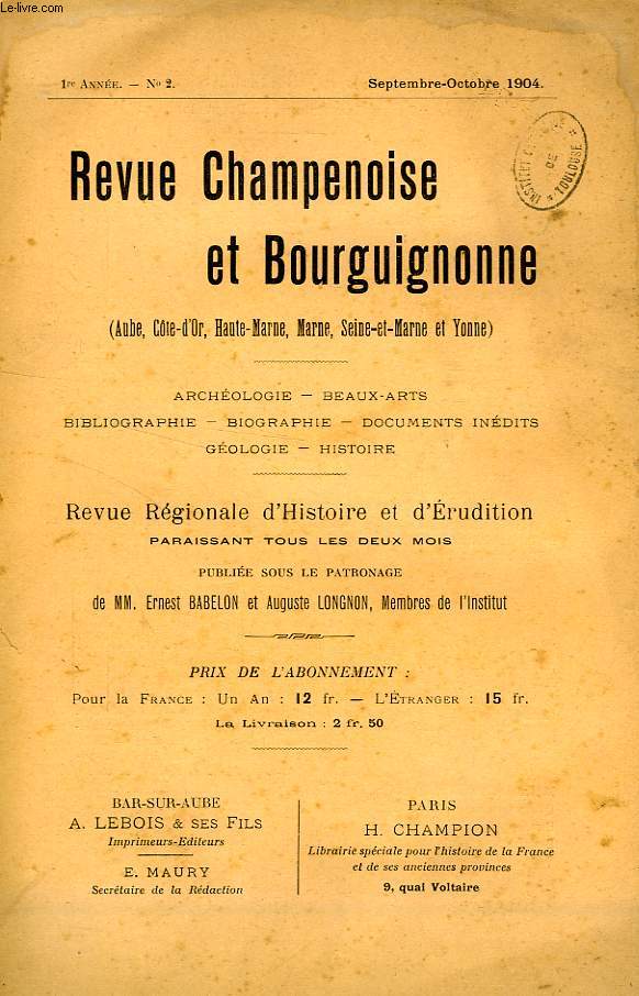 REVUE CHAMPENOISE ET BOURGUIGNONNE, 1re ANNEE, N 2, SEPT.-OCT. 1904