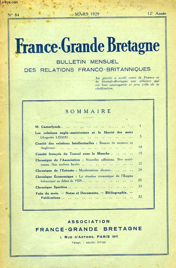 BULLETIN DE L'ASSOCIATION FRANCE-GRANDE BRETAGNE, N 84, MARS 1929