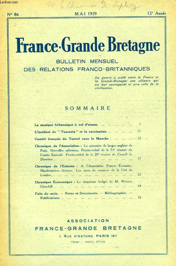 BULLETIN DE L'ASSOCIATION FRANCE-GRANDE BRETAGNE, N 86, MAI 1929