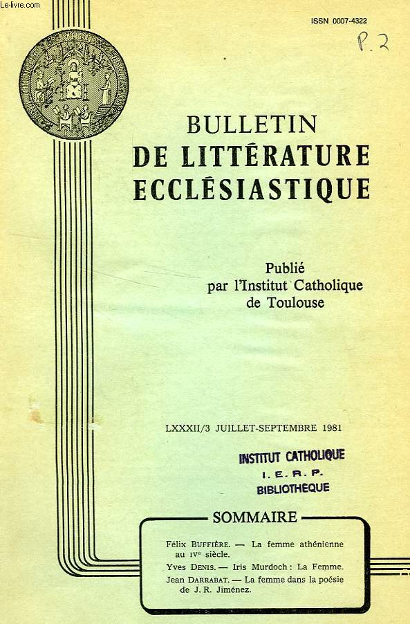 BULLETIN DE LITTERATURE ECCLESIASTIQUE, LXXXII, N 3, JUILLET-SEPT. 1981