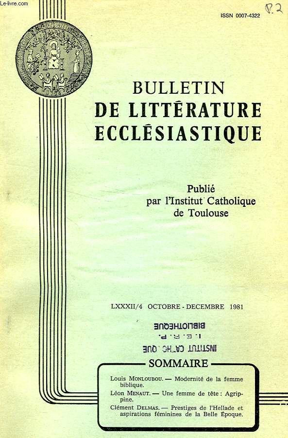 BULLETIN DE LITTERATURE ECCLESIASTIQUE, LXXXII, N 4, OCT.-DEC. 1981