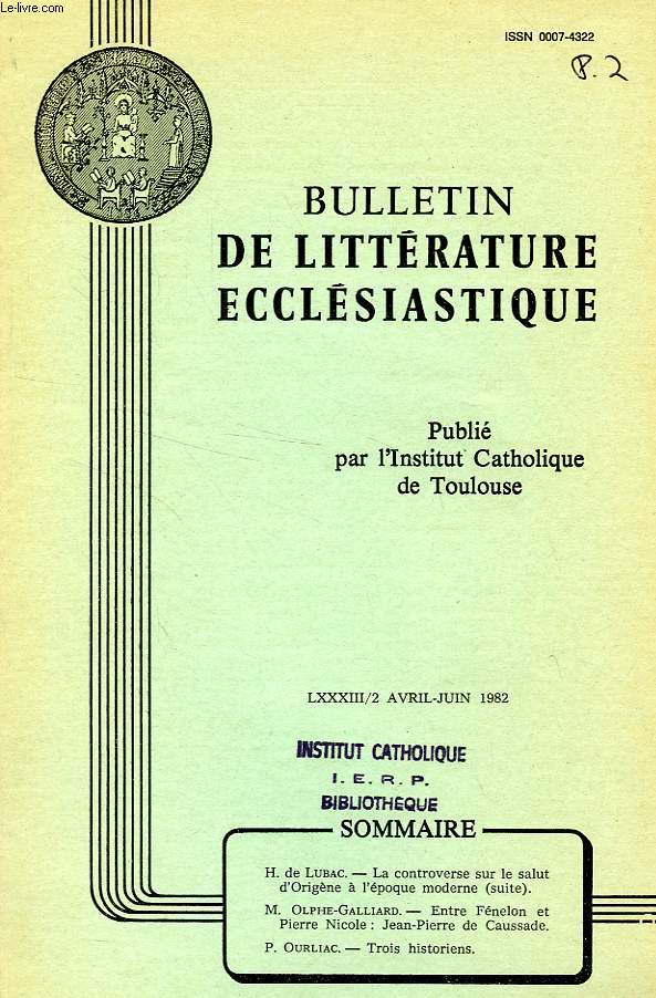 BULLETIN DE LITTERATURE ECCLESIASTIQUE, LXXXIII, N 2, AVRIL-JUIN 1982