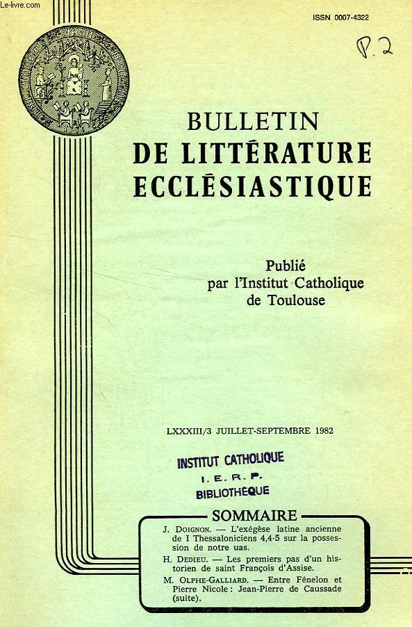 BULLETIN DE LITTERATURE ECCLESIASTIQUE, LXXXIII, N 3, JUILLET-SEPT. 1982