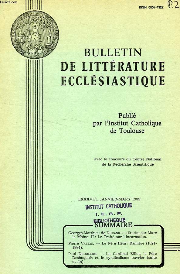 BULLETIN DE LITTERATURE ECCLESIASTIQUE, LXXXVI, N 1, JAN.-MARS 1985