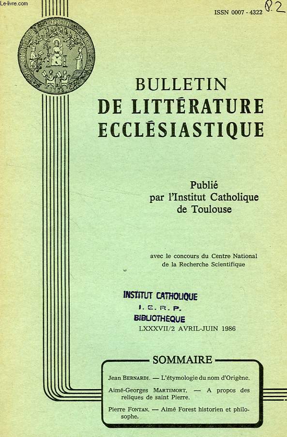 BULLETIN DE LITTERATURE ECCLESIASTIQUE, LXXXVII, N 2, AVRIL-JUIN 1986