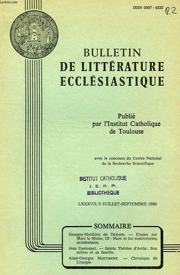 BULLETIN DE LITTERATURE ECCLESIASTIQUE, LXXXVII, N 3, JUILLET-SEPT. 1986