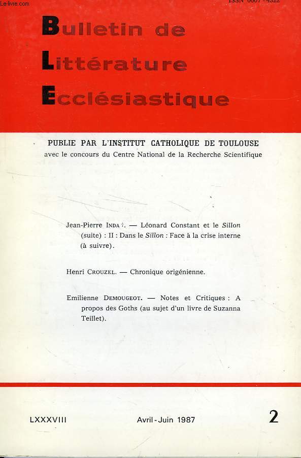 BULLETIN DE LITTERATURE ECCLESIASTIQUE, LXXXVIII, N 2, AVRIL-JUIN 1987