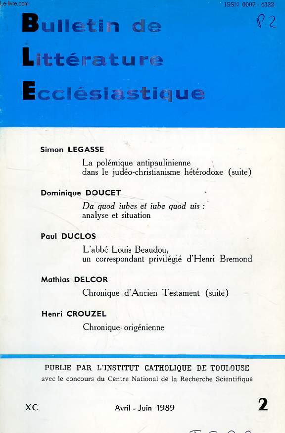 BULLETIN DE LITTERATURE ECCLESIASTIQUE, XC, N 2, AVRIL-JUIN 1989