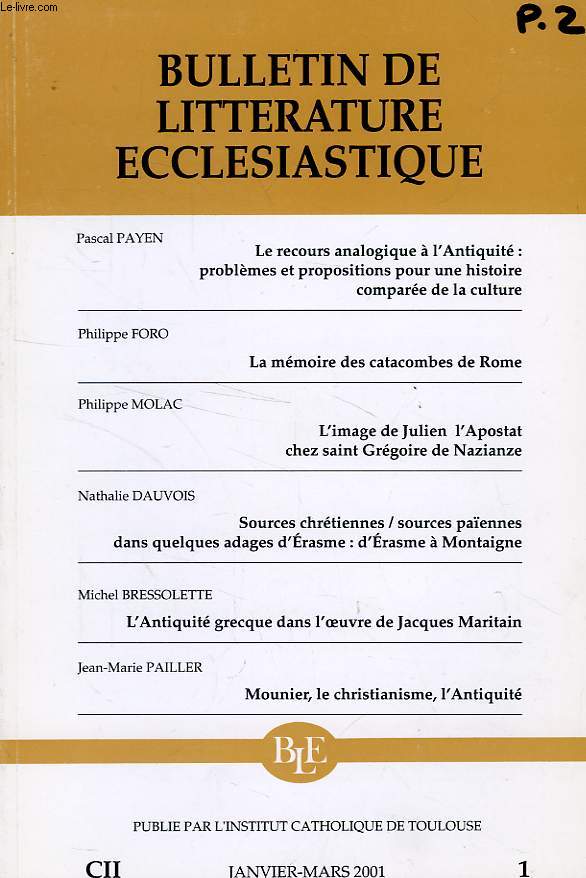 BULLETIN DE LITTERATURE ECCLESIASTIQUE, CII, N 1, JAN.-MARS 2001