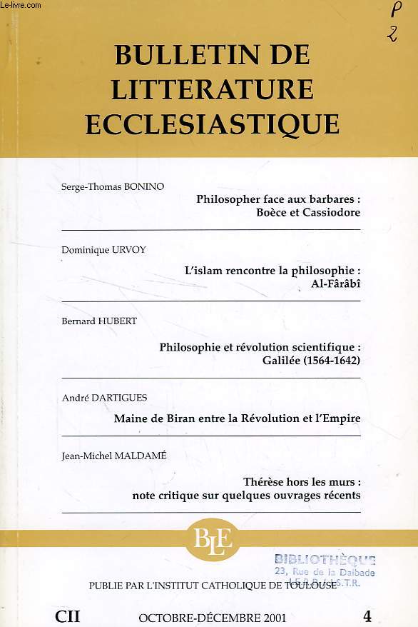 BULLETIN DE LITTERATURE ECCLESIASTIQUE, CII, N 4, OCT.-DEC. 2001