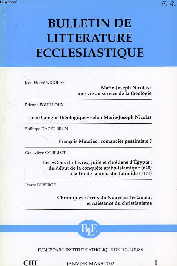 BULLETIN DE LITTERATURE ECCLESIASTIQUE, CIII, N 1, JAN.-MARS 2002