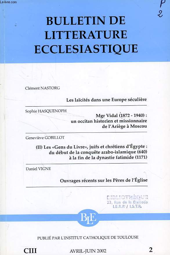 BULLETIN DE LITTERATURE ECCLESIASTIQUE, CIII, N 2, AVRIL-JUIN 2002
