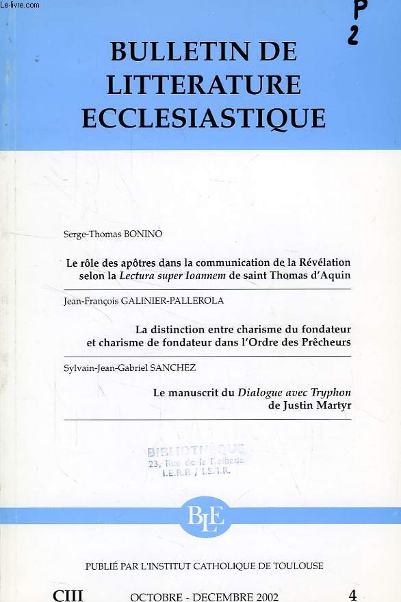 BULLETIN DE LITTERATURE ECCLESIASTIQUE, CIII, N 4, OCT.-DEC. 2002