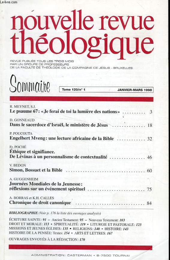 NOUVELLE REVUE THEOLOGIQUE, TOME 120, N 1, JAN.-MARS 1998