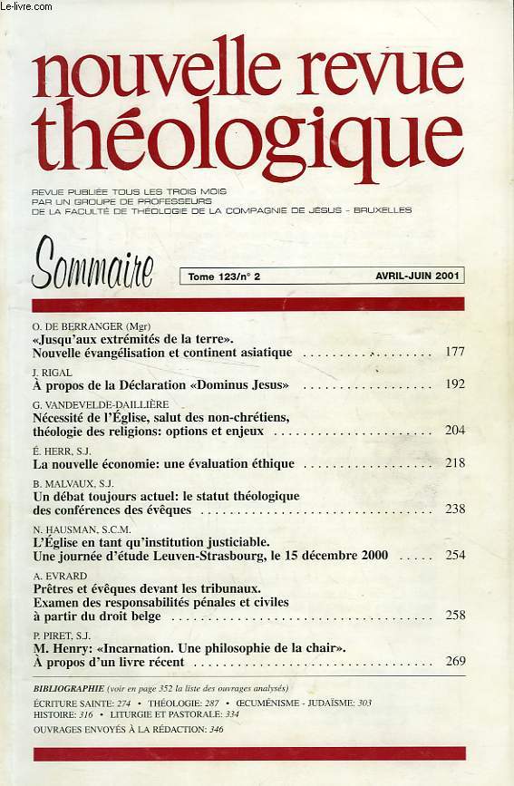 NOUVELLE REVUE THEOLOGIQUE, TOME 123, N 2, AVRIL-JUIN 2001