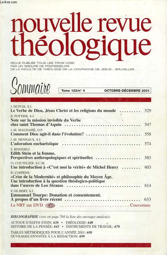 NOUVELLE REVUE THEOLOGIQUE, TOME 123, N 4, OCT.-DEC. 2001