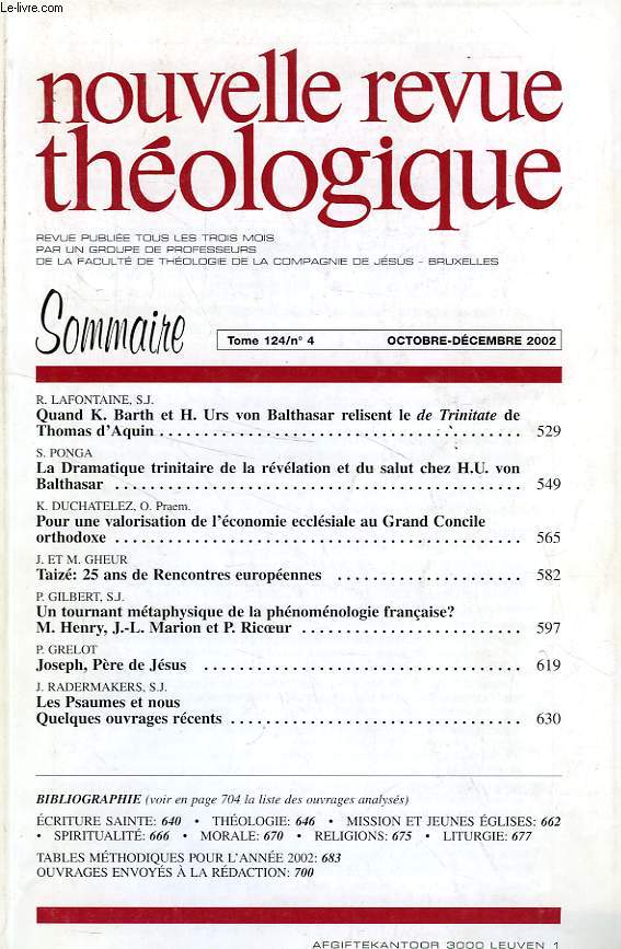 NOUVELLE REVUE THEOLOGIQUE, TOME 124, N 4, OCT.-DEC. 2002