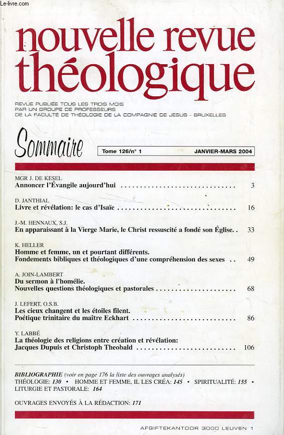 NOUVELLE REVUE THEOLOGIQUE, TOME 126, N 1, JAN.-MARS 2004