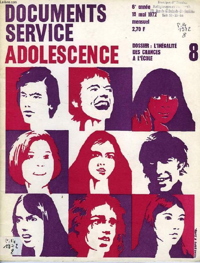 DSA, DOCUMENTS SERVICE ADOLESCENCE, 6e ANNEE, N 8, MAI 1972