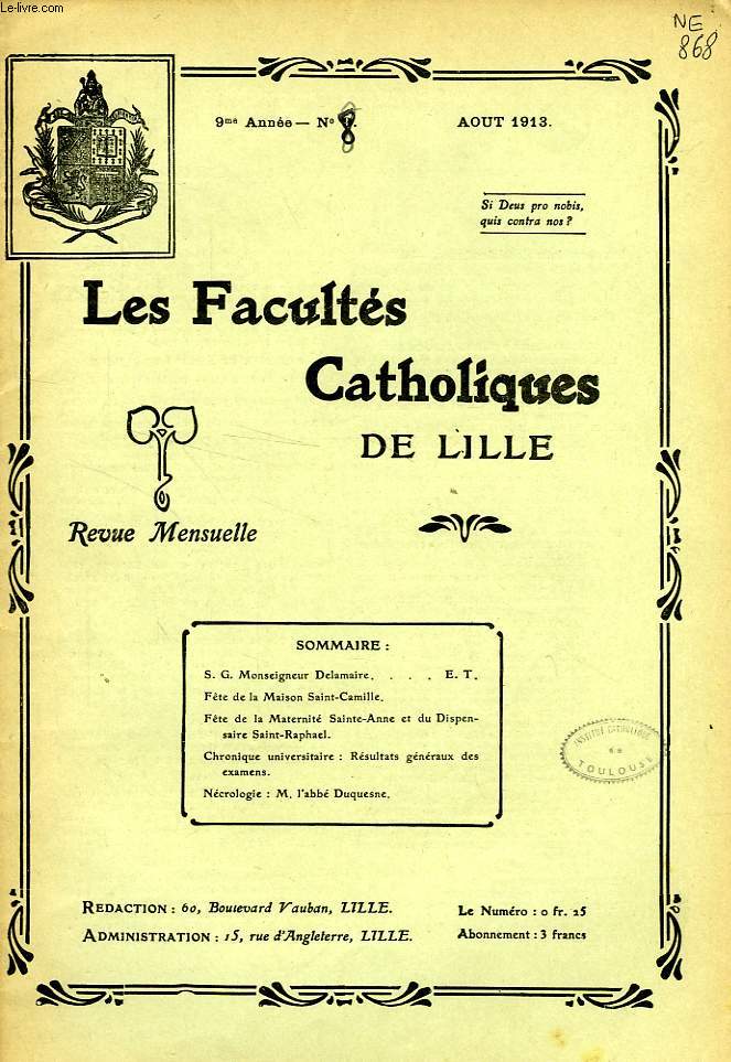 LES FACULTES CATHOLIQUES DE LILLE, 9e ANNEE, N 8, AOUT 1913