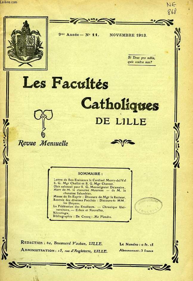 LES FACULTES CATHOLIQUES DE LILLE, 9e ANNEE, N 11, NOV. 1913