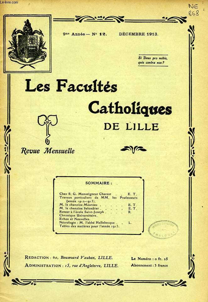 LES FACULTES CATHOLIQUES DE LILLE, 9e ANNEE, N 12, DEC. 1913