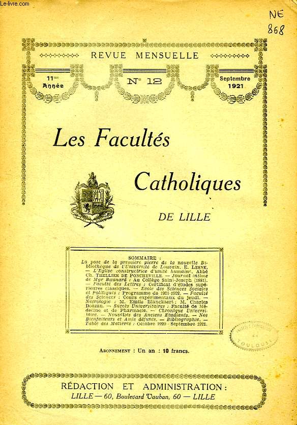 LES FACULTES CATHOLIQUES DE LILLE, 11e ANNEE, N 12, SEPT. 1921
