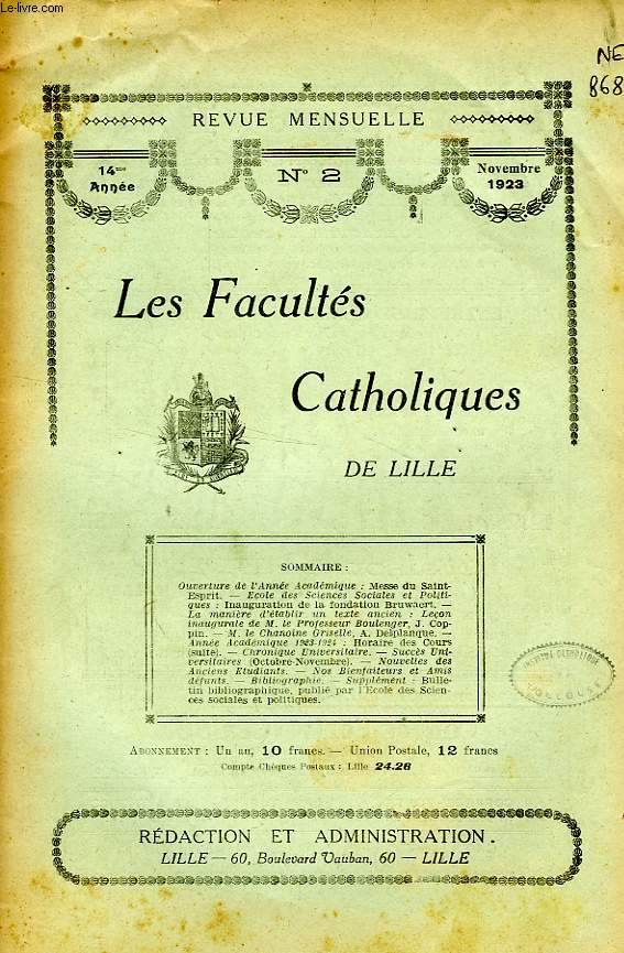 LES FACULTES CATHOLIQUES DE LILLE, 14e ANNEE, N 2, NOV. 1923