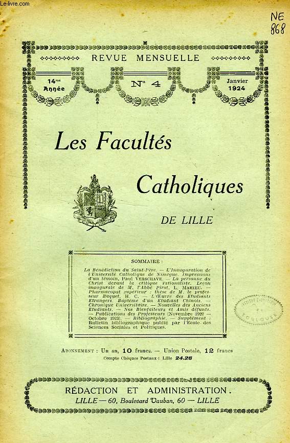 LES FACULTES CATHOLIQUES DE LILLE, 14e ANNEE, N 4, JAN. 1924