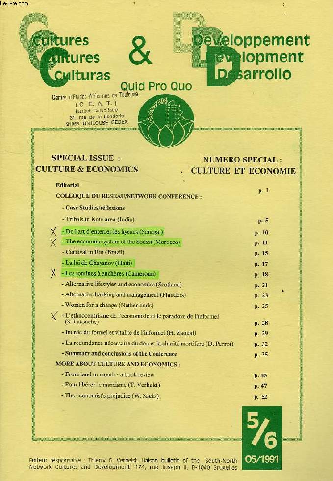 QUID PRO QUO, CULTURES & DEVELOPPEMENT, N 5-6, 1991