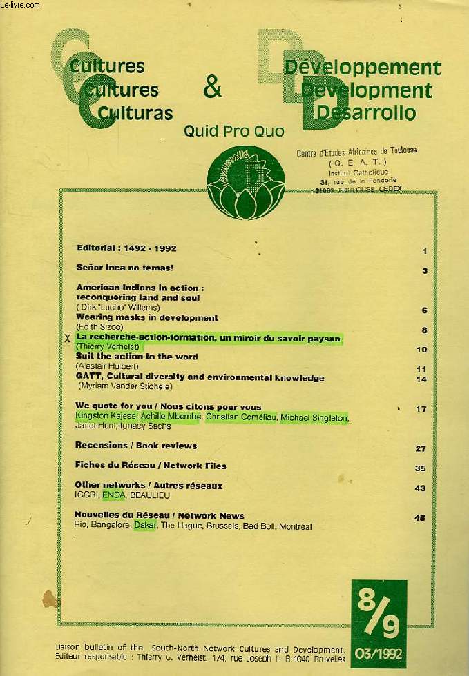 QUID PRO QUO, CULTURES & DEVELOPPEMENT, N 8-9, 1992