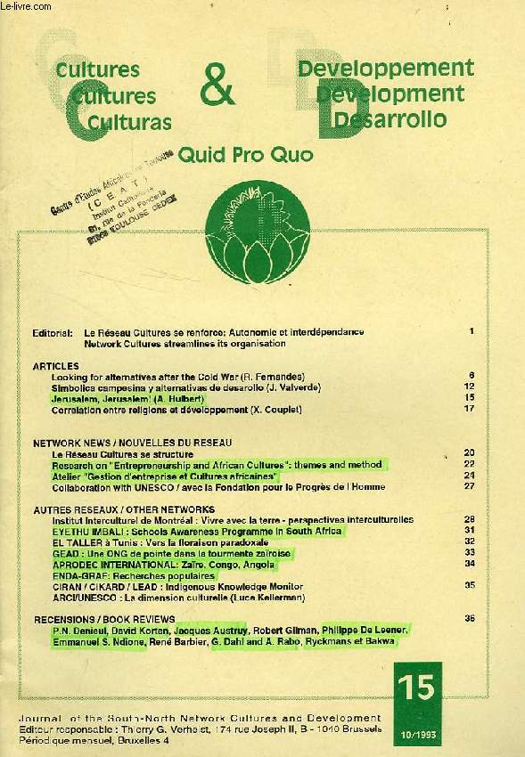 QUID PRO QUO, CULTURES & DEVELOPPEMENT, N 15, 1993