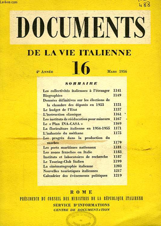 VIE ITALIENNE, DOCUMENTS ET INFORMATIONS, 1956-1985, 133 NUMEROS (INCOMPLET)