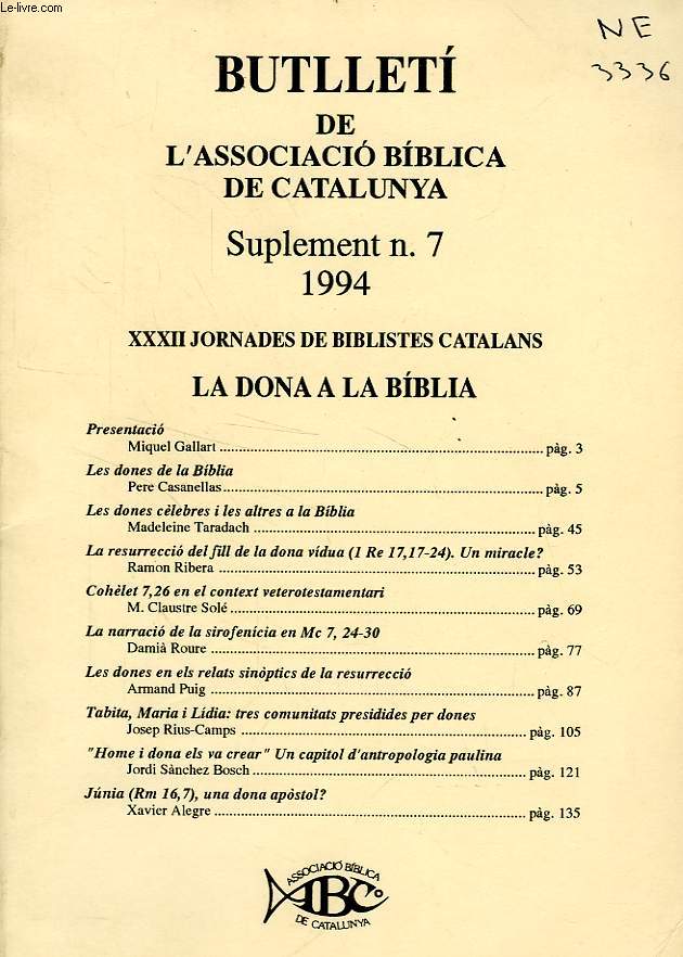 BUTLLETI DE L'ASSOCIACIO BIBLICA DE CATALUNYA, SUPLEMENT N. 7, 1994
