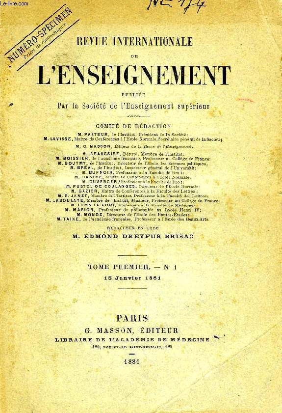 REVUE INTERNATIONALE DE L'ENSEIGNEMENT, 1881-1906, 31 VOLUMES + 13 FASCICULES (INCOMPLET)