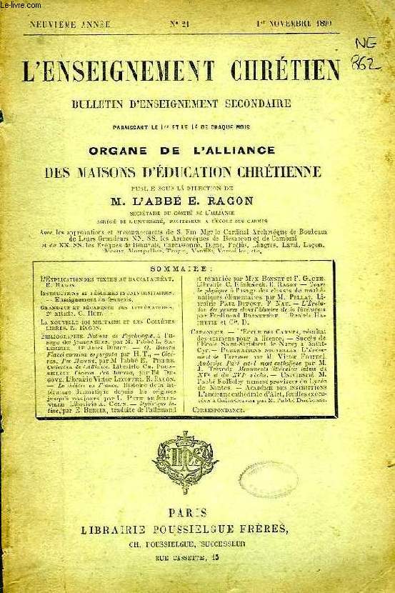 L'ENSEIGNEMENT CHRETIEN, REVUE D'ENSEIGNEMENT SECONDAIRE, 1890-1961, 44 VOLUMES RELIES & DE TRES NOMBREUX FASCICULES