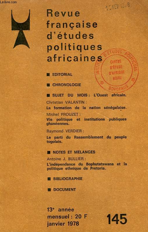 REVUE FRANCAISE D'ETUDES POLITIQUES AFRICAINES (LE MOIS EN AFRIQUE), 13e ANNEE, N 145, JAN. 1978