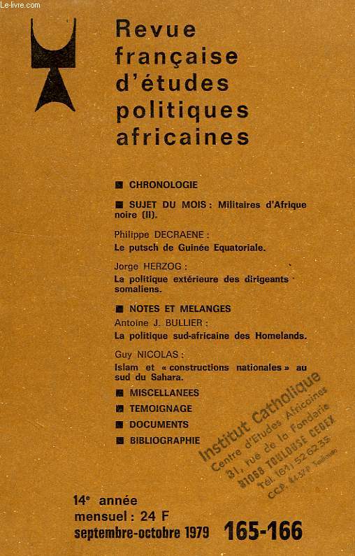 REVUE FRANCAISE D'ETUDES POLITIQUES AFRICAINES (LE MOIS EN AFRIQUE), 14e ANNEE, N 165-166, SEPT.-OCT. 1979