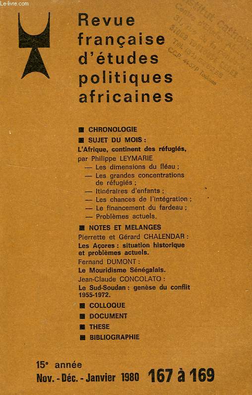 REVUE FRANCAISE D'ETUDES POLITIQUES AFRICAINES (LE MOIS EN AFRIQUE), 15e ANNEE, N 167-169, NOV.-JAN. 1979-1980