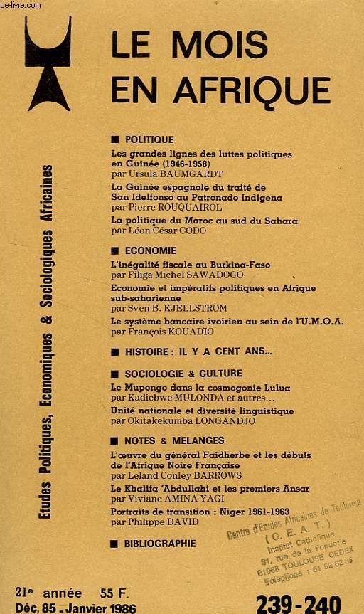 LE MOIS EN AFRIQUE, 21e ANNEE, N 239-240, DEC.-JAN. 1985-1986