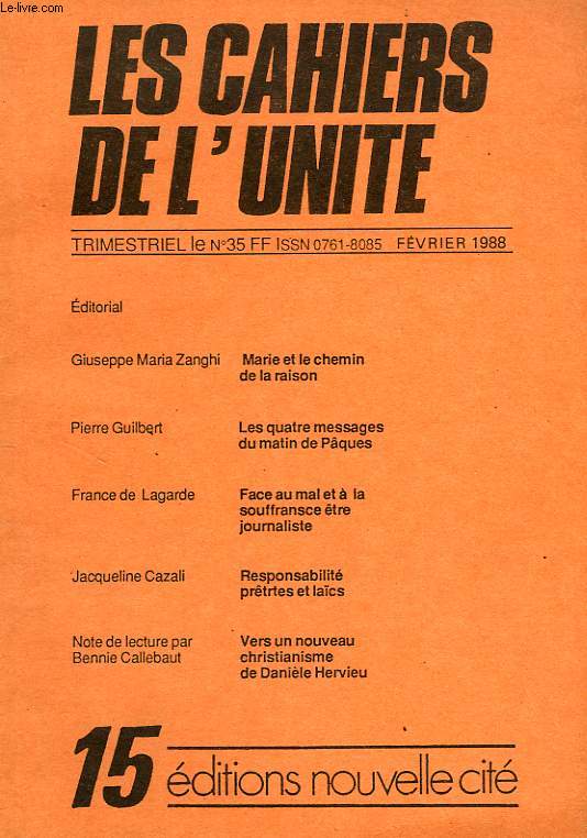 LES CAHIERS DE L'UNITE, N 15, FEV. 1988