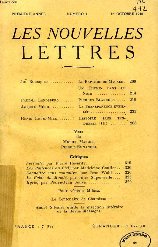 LES NOUVELLES LETTRES, 1re ANNEE, N 3, OCT. 1938