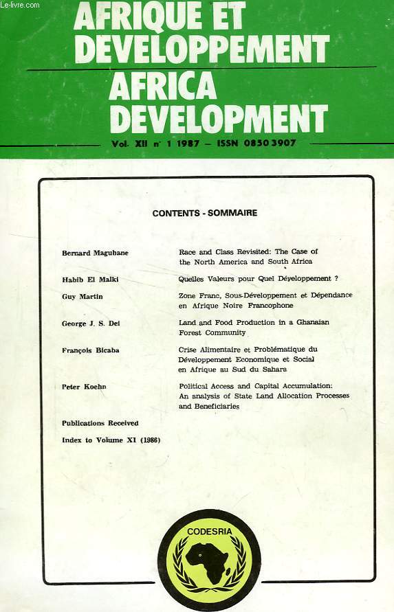 AFRIQUE ET DEVELOPPEMENT, AFRICA DEVELOPMENT, VOL. XII, N 1, 1987