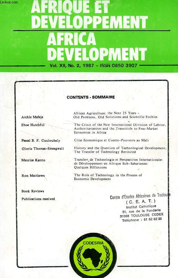 AFRIQUE ET DEVELOPPEMENT, AFRICA DEVELOPMENT, VOL. XII, N 2, 1987