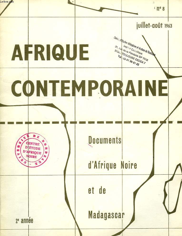 AFRIQUE CONTEMPORAINE, N 8, JUILLET-AOUT 1963, DOCUMENTS D'AFRIQUE NOIRE ET DE MADAGASCAR