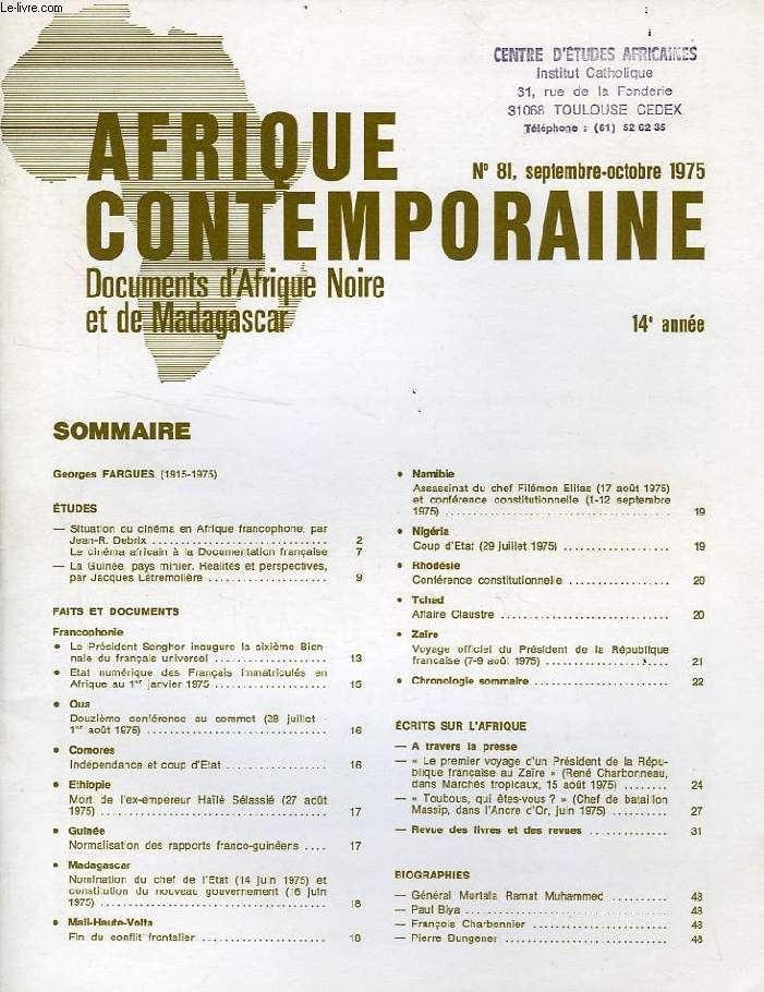 AFRIQUE CONTEMPORAINE, N 81, SEPT.-OCT. 1975, DOCUMENTS D'AFRIQUE NOIRE ET DE MADAGASCAR