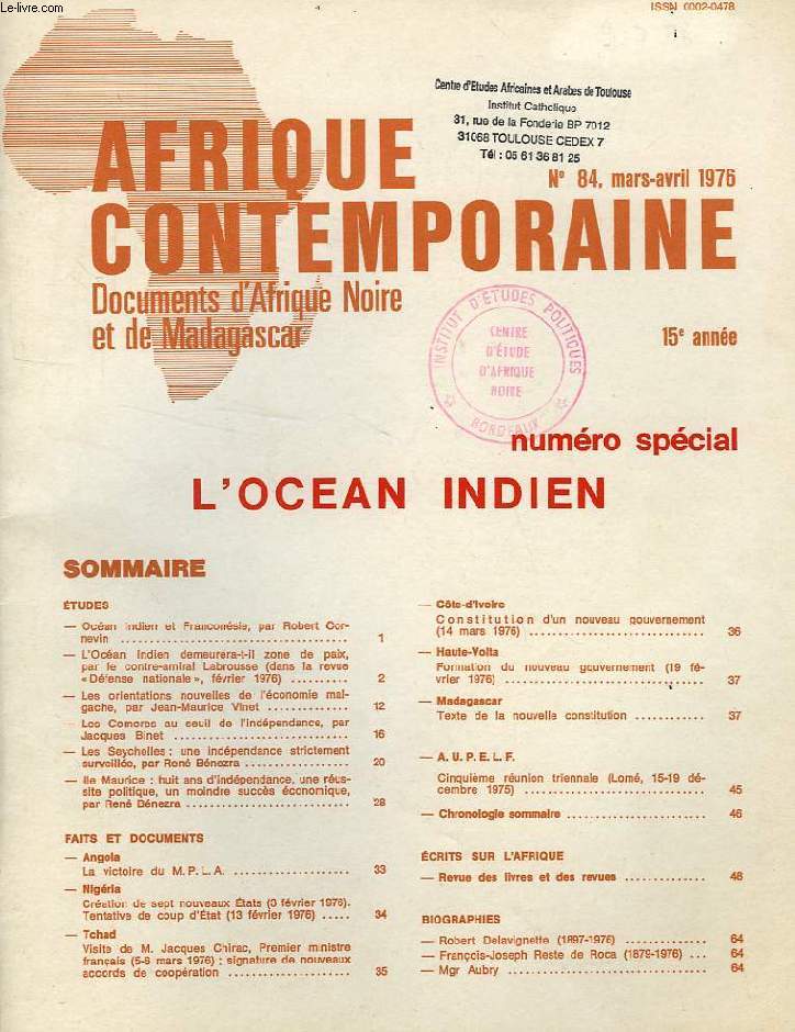 AFRIQUE CONTEMPORAINE, N 84, MARS-AVRIL 1975, DOCUMENTS D'AFRIQUE NOIRE ET DE MADAGASCAR, N SPECIAL, L'OCEAN INDIEN