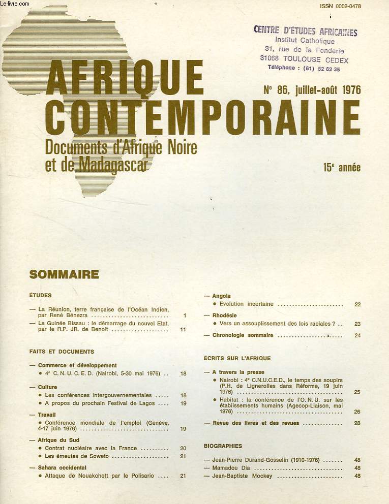 AFRIQUE CONTEMPORAINE, N 86, JUILLET-AOUT 1976, DOCUMENTS D'AFRIQUE NOIRE ET DE MADAGASCAR