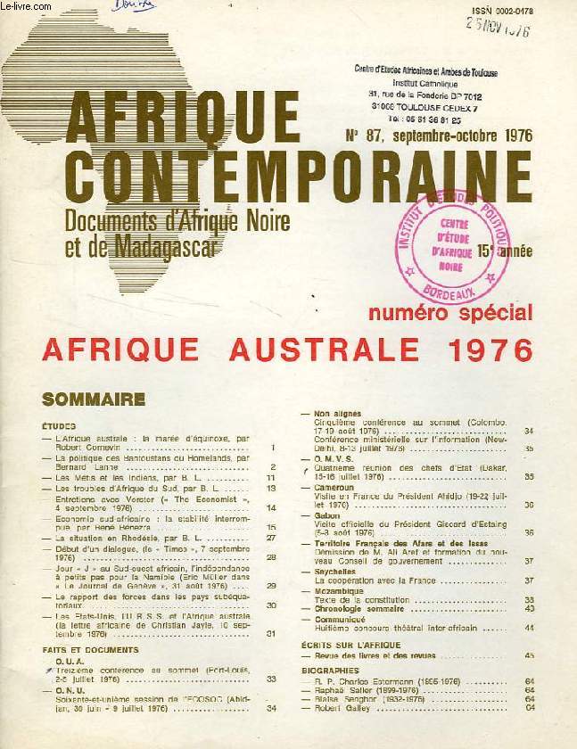 AFRIQUE CONTEMPORAINE, N 87, SEPT.-OCT. 1976, DOCUMENTS D'AFRIQUE NOIRE ET DE MADAGASCAR, N SPECIAL, AFRIQUE AUSTRALE 1976
