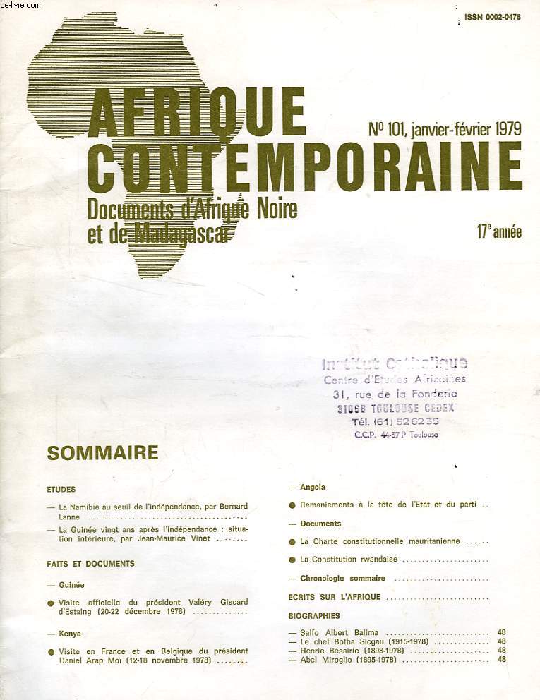 AFRIQUE CONTEMPORAINE, N 101, JAN.-FEV. 1979, DOCUMENTS D'AFRIQUE NOIRE ET DE MADAGASCAR